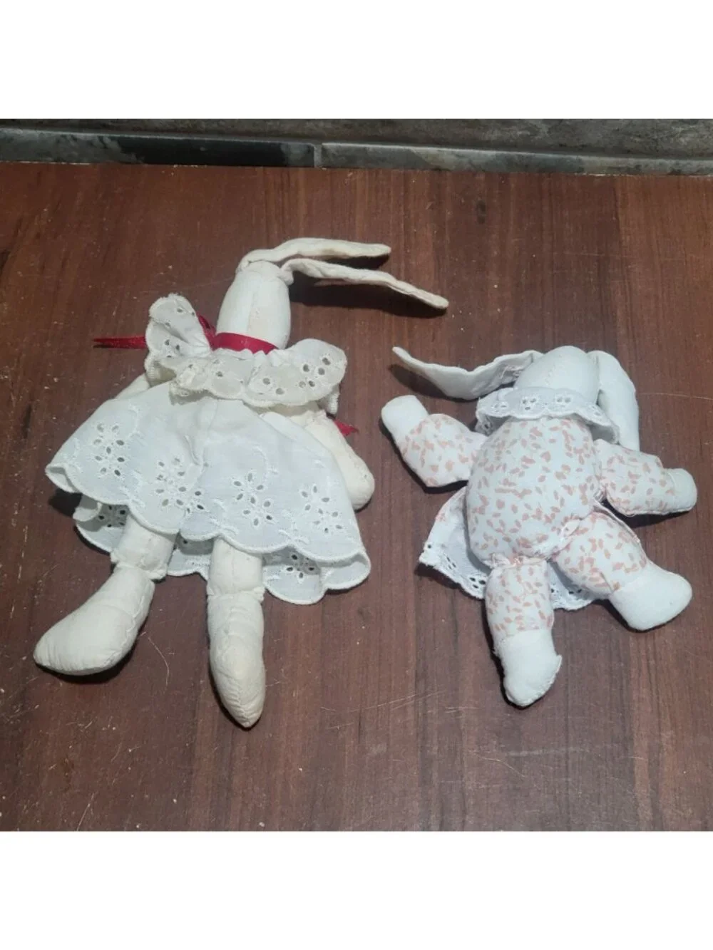 Vintage Country Muslin Cloth Bunny Rabbit Dolls Lot 2 Cottagecore Folk Art Lace